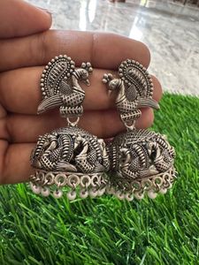 Silver Peacock Jhumka Earrings