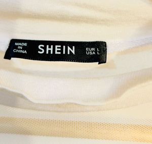 White Top with Mesh neck Fur Trim