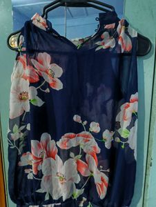 Floral Sleeveless Navy Blue Top