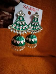 Green Jhumka Earrings with Pearls