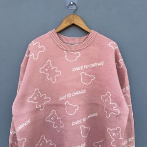 Pink Teddy Bear Print Sweater