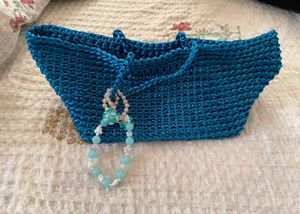 Blue Woven Tote Bag with Beaded Charm