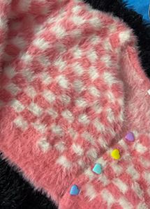 Cute Pink Checkered Fuzzy Crop Cardigan