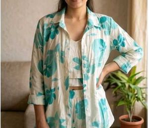 White & Teal Floral Kurta Set