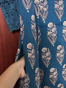 Fusion Blue Floral Print Kurta with Lace Sleeves