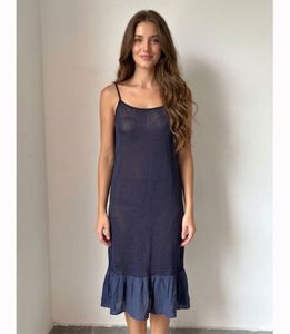 Navy Blue Slip Dress with Ruffle Hem