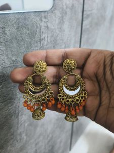 Gold Jhumka Earrings with Orange Beads