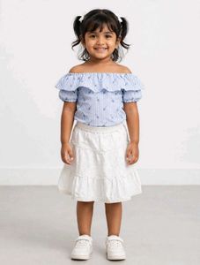 Cute Blue Striped Off-Shoulder Top & White Skirt S