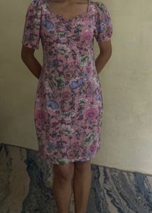Pink Floral Print Puff Sleeve Mini Dress