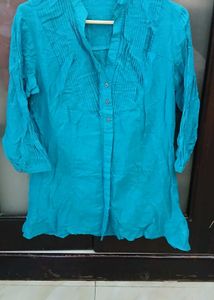 Turquoise Kurta with Pleated Neckline - S Size