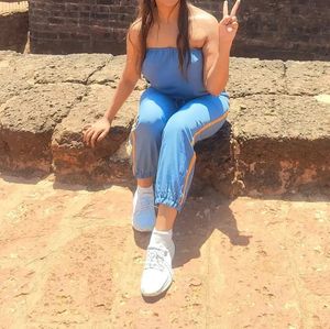 Blue off shoulder jumpsuit