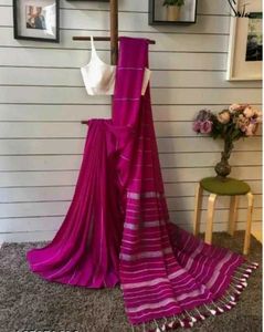 Vibrant Pink Striped pure cotton khadi Saree