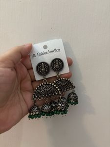 Oxidised Jhumka Earrings with Green Beads