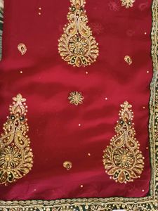 Embroidered Red Saree with Green Border