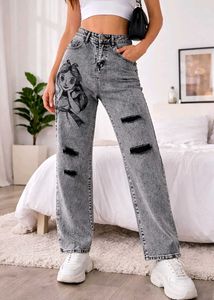 Trendy Grey Printed Ripped Jeans (Anime Design)🩶