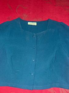 Teal Blue Button-Up Cropped Top