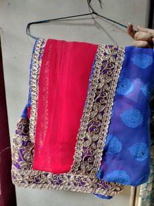 Blue Saree with Red Border double colour