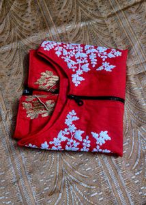 Red Embroidered Zipper Crop Top