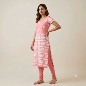 Pink Kurta with White Floral Print