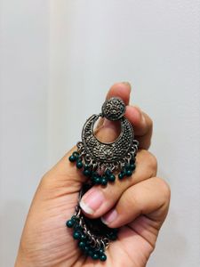 Oxidized Silver Jhumka Earrings with Green Beads