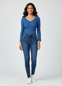 Blue V-Neck Ribbed Long Sleeve Top