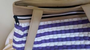 Beige Handbag With Purple And White Stripes