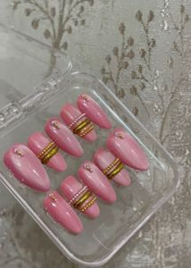 Handmade Blush Pink Chrome Floral Press-On Nails