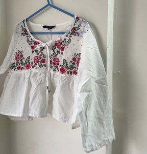 White Floral Print Peplum Top
