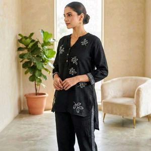 Elegant Black Kurta Set with White Embroidery