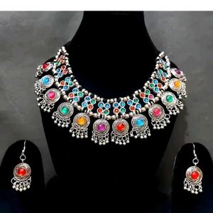 Boho Oxidized Silver Multi-Color Necklace Set