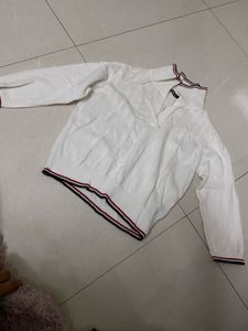 White Knit Sweater with Striped Collar
