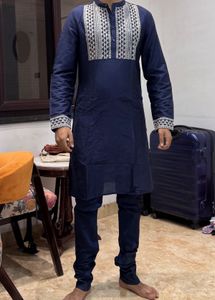 Elegant Navy Blue Kurta with White Embroidery