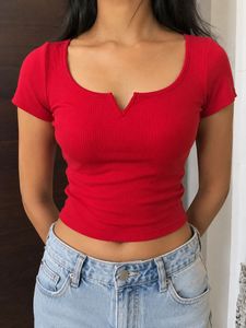 Red Ribbed V-Neck Crop Top
