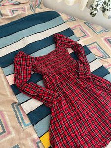 Red Plaid Smocked Square Neck Dress
