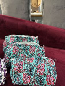 Set of 6 Block Print Floral Quilted Pouches