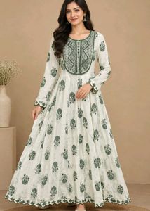 Elegant White &amp; Green Anarkali Suit with dupatta