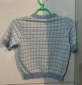 Blue &amp; White Checked Knit Top