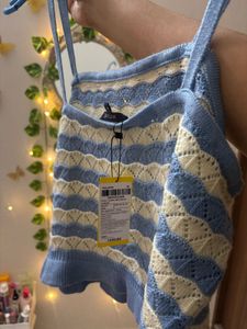 Blue &amp; white Striped Knit crochet Tank Top