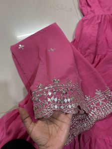 Vibrant Pink Tiered Kurta Set with Embellished Dup