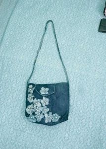 Denim Sling Bag with Floral Appliques