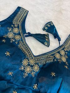 Blue Embroidered Organza Blouse