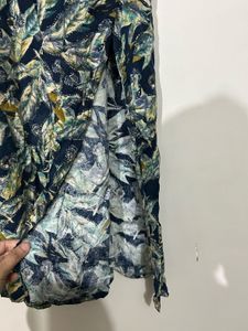 Navy Blue Leaf Print Straight Kurti