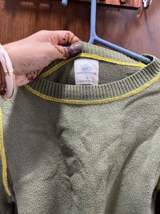 Green Knit Sweater with Yellow Stitching