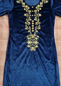 Embroidered Blue Velvet Kurta