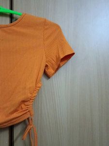 Orange Ribbed Crop Top with Drawstrings