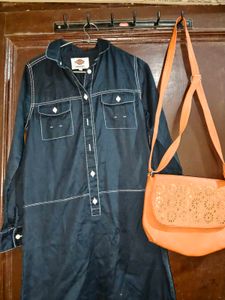 Dickies Denim Dress with Orange Crossbody Bag