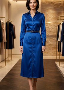 Elegant Royal Blue Satin Shirt Dress