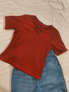 Red Textured V-Neck Top