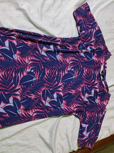 Tropical Leaf Print Navy Dress
