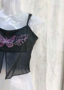 Black Butterfly Rhinestone Mesh Top